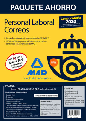 PAQUETE AHORRO PERSONAL LABORAL CORREOS 2020. AHORRA 68 ? (INCLUYE TEMARIOS 1 Y